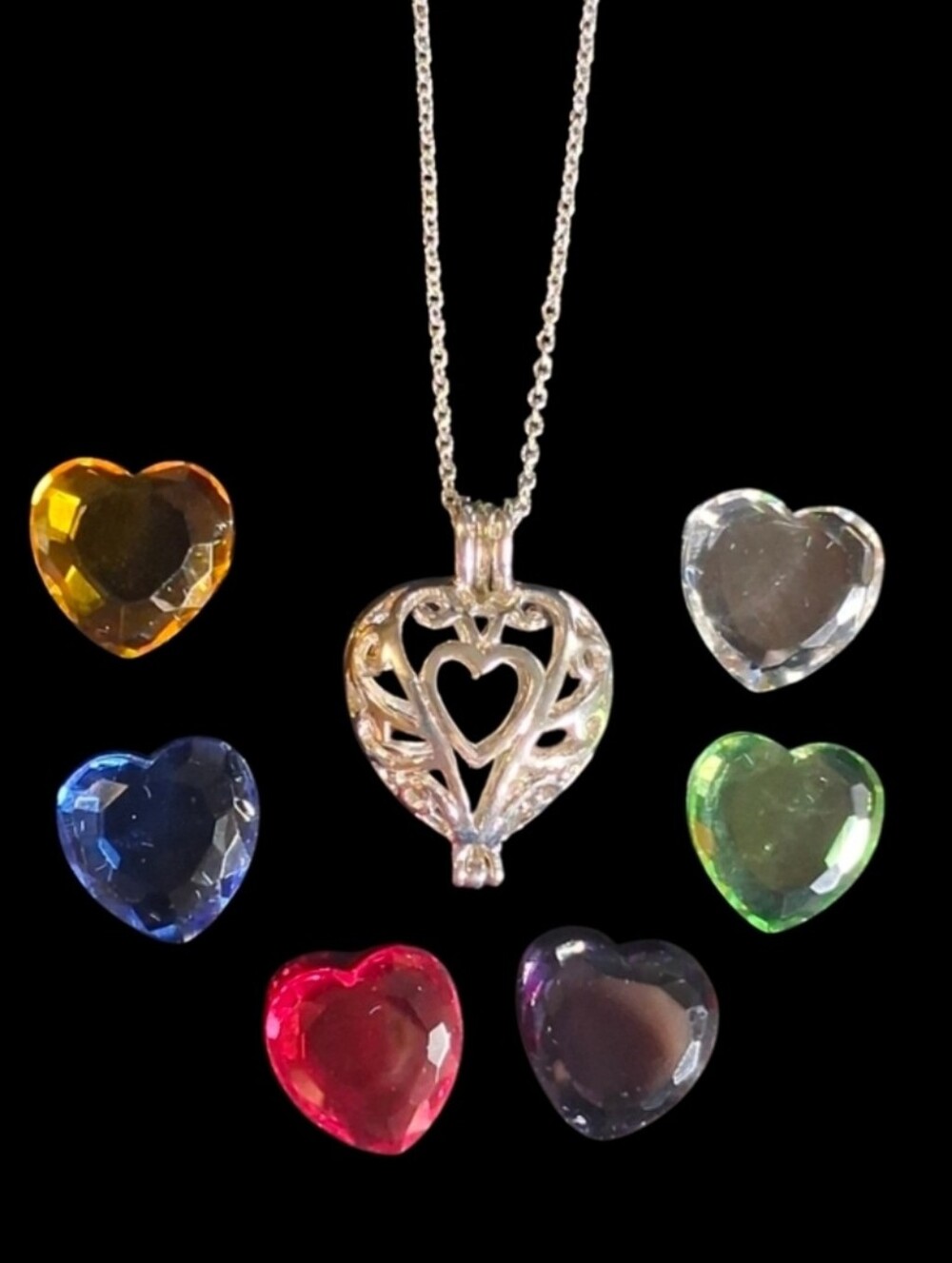 Heart Filigree Cage Locket Necklace Set With 6 Customizable Crystal Inserts